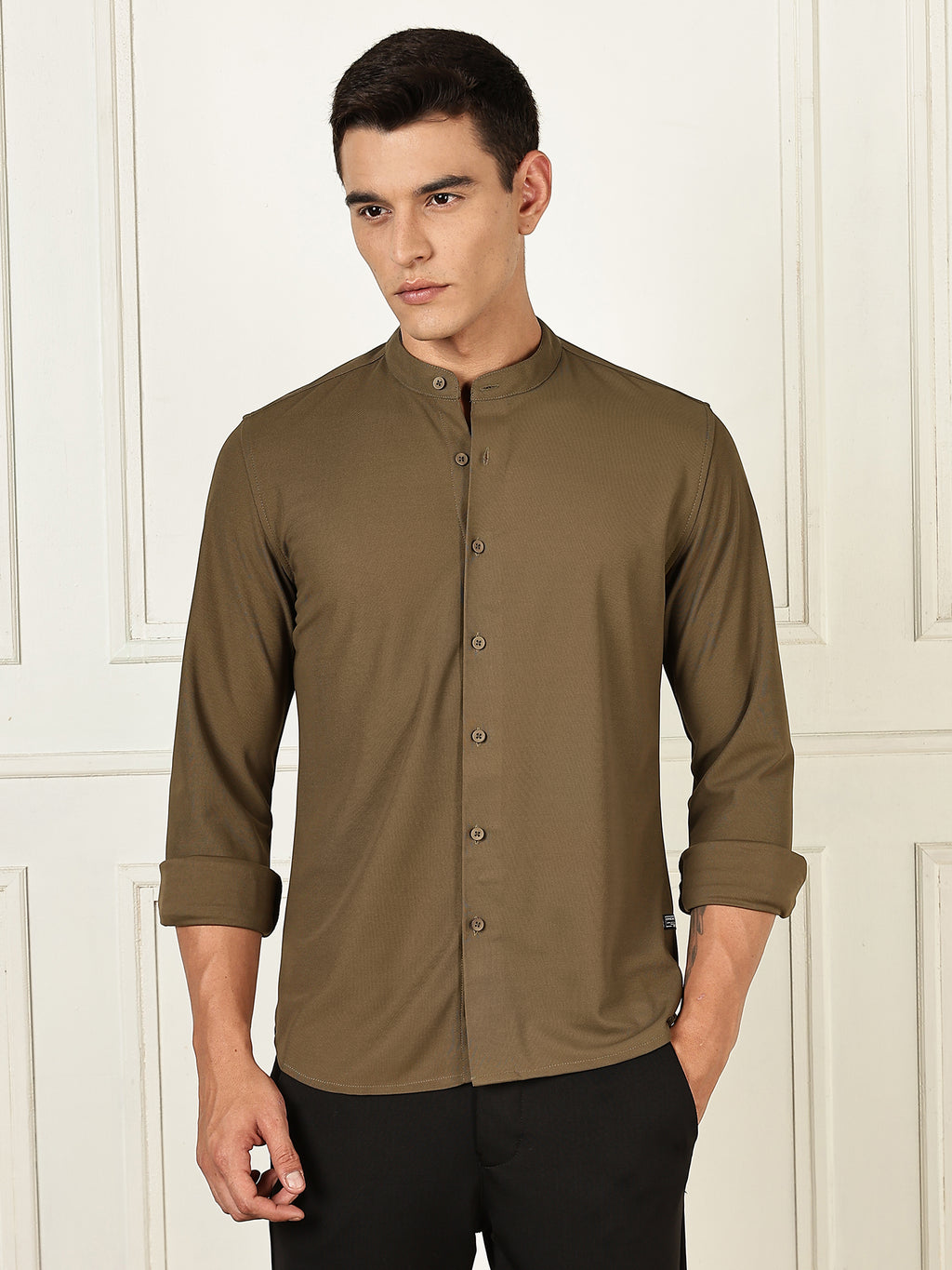 Thomas Scott Men Olive Premium Slim Fit Long Sleeves Mandarin Collar 4 Way Stretch CoolMax Knitted Shirt