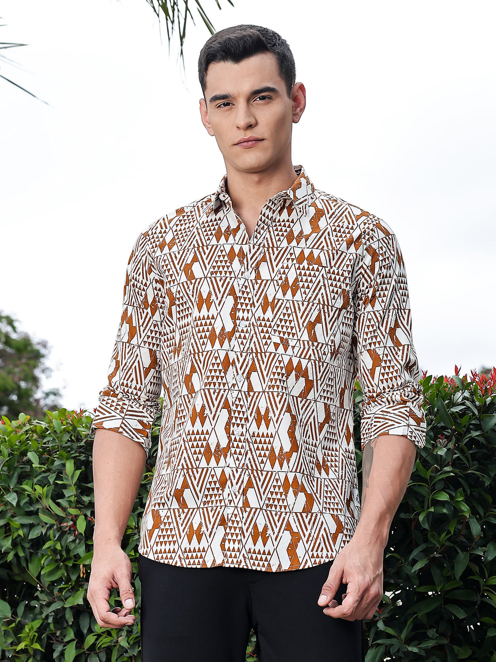 Thomas Scott Men Brown Regular Fit Long Sleeves Geometric Print Pure Cotton Casual Shirt