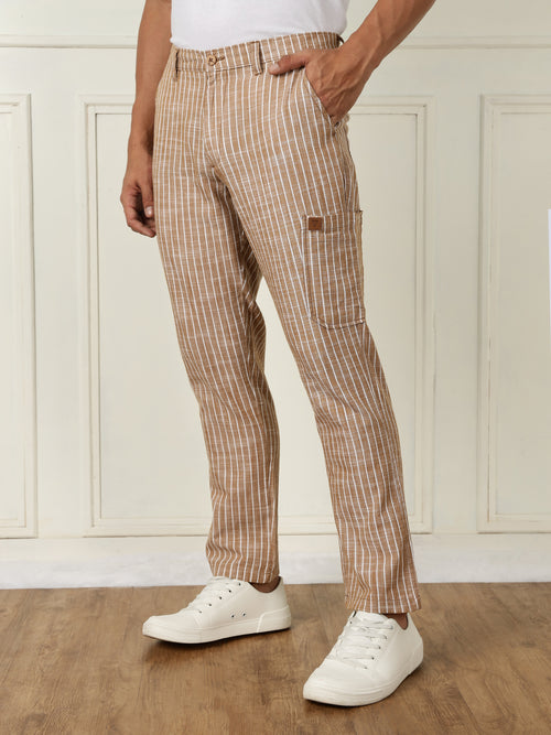 Thomas Scott Men Beige Mid-Rise Straight Fit Striped Linen Trouser