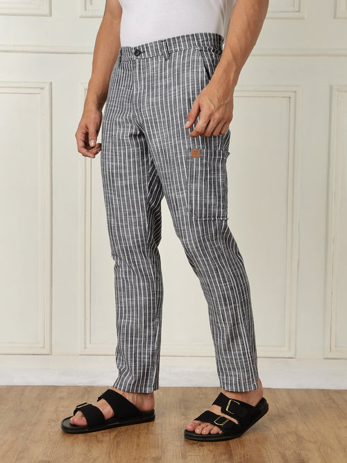 Thomas Scott Men Black Mid-Rise Straight Fit Striped Linen Trouser
