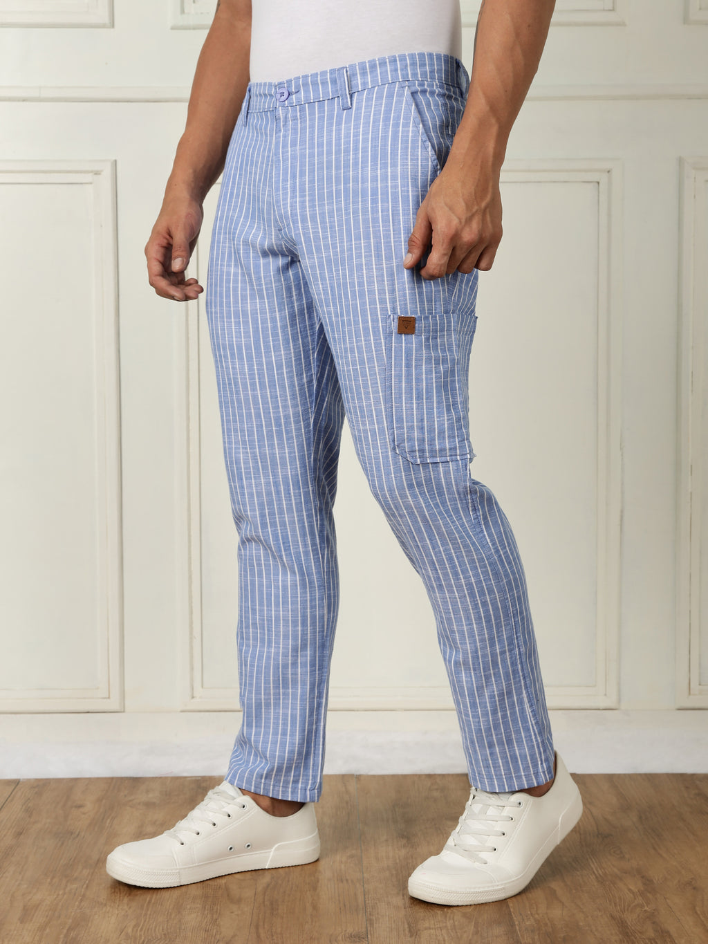Thomas Scott Men Blue Mid-Rise Straight Fit Striped Linen Trouser