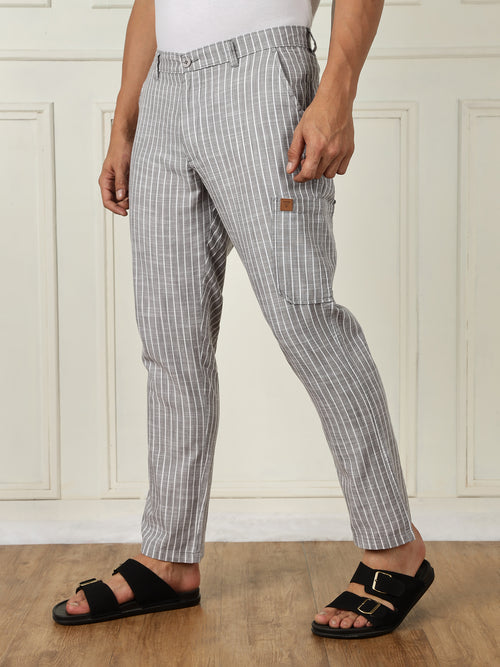 Thomas Scott Men Grey Mid-Rise Straight Fit Striped Linen Trouser