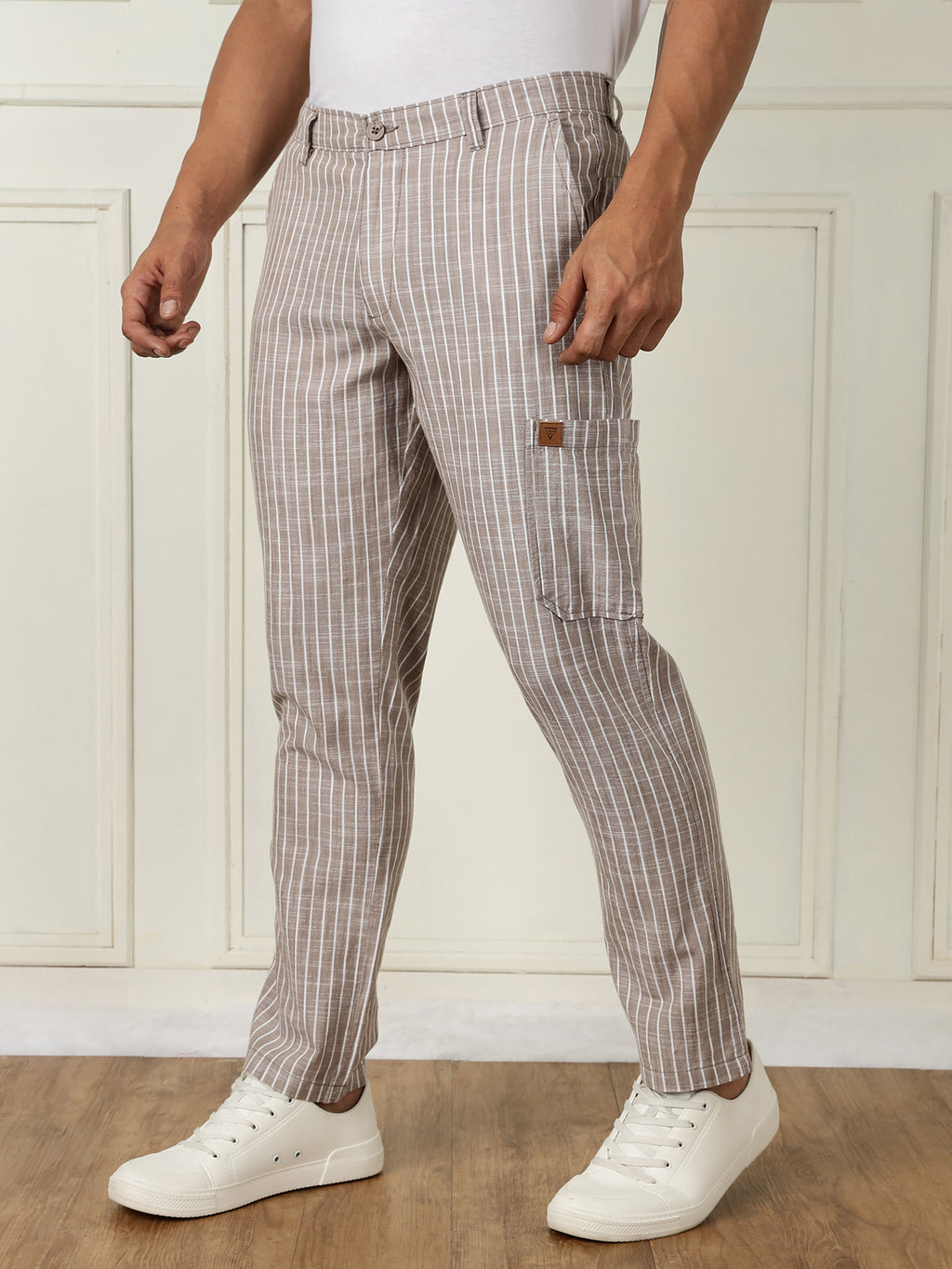 Thomas Scott Men Light Brown Mid-Rise Straight Fit Striped Linen Trouser