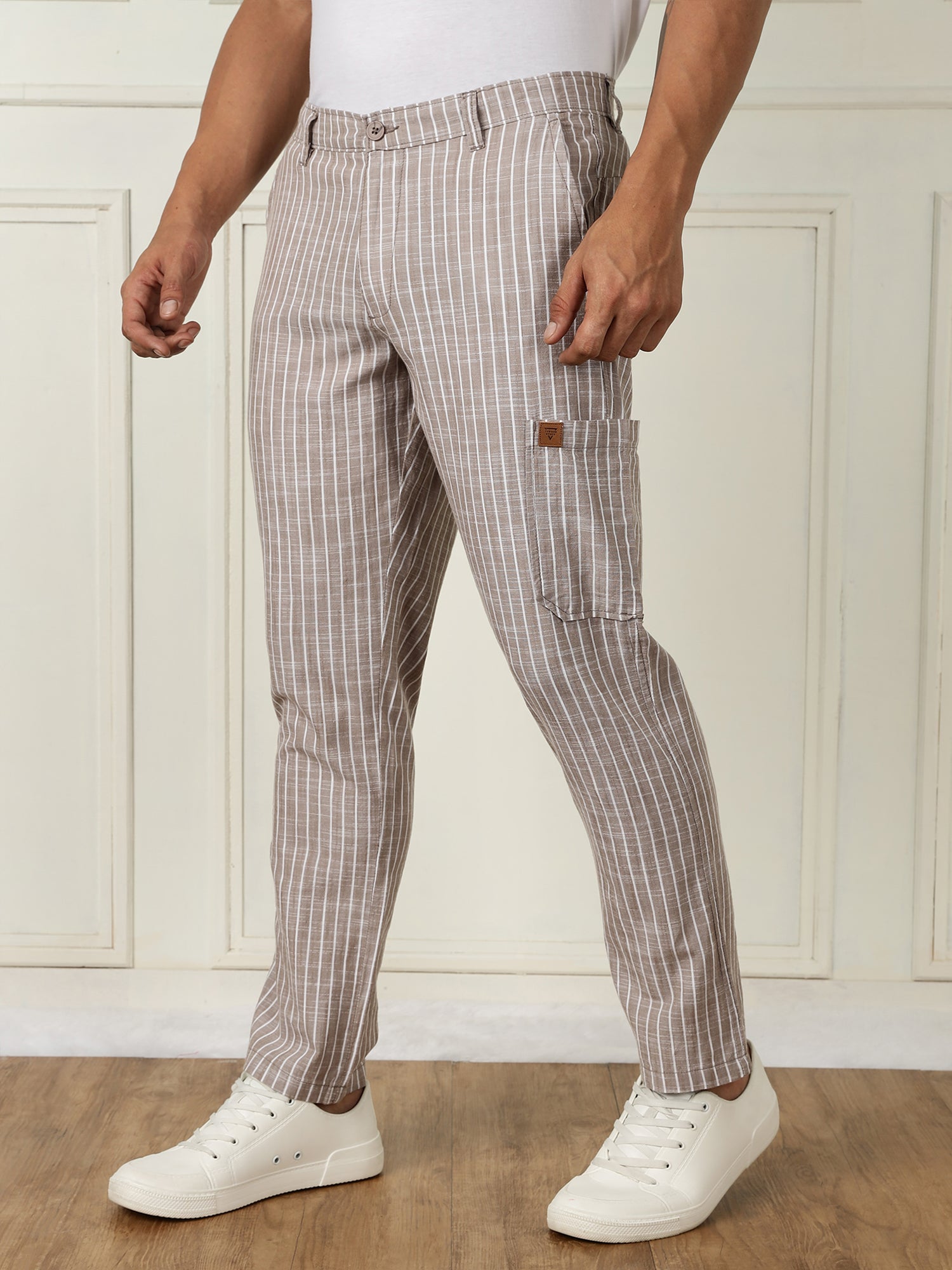 Thomas Scott Men Light Brown Mid-Rise Straight Fit Striped Linen Trouser