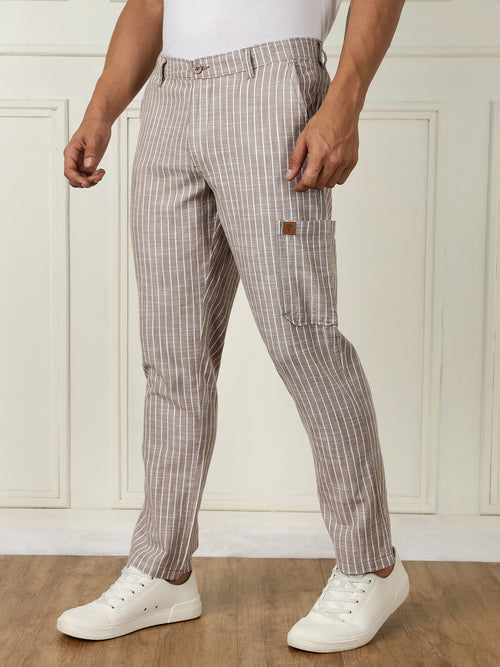 Thomas Scott Men Light Brown Mid-Rise Straight Fit Striped Linen Trouser