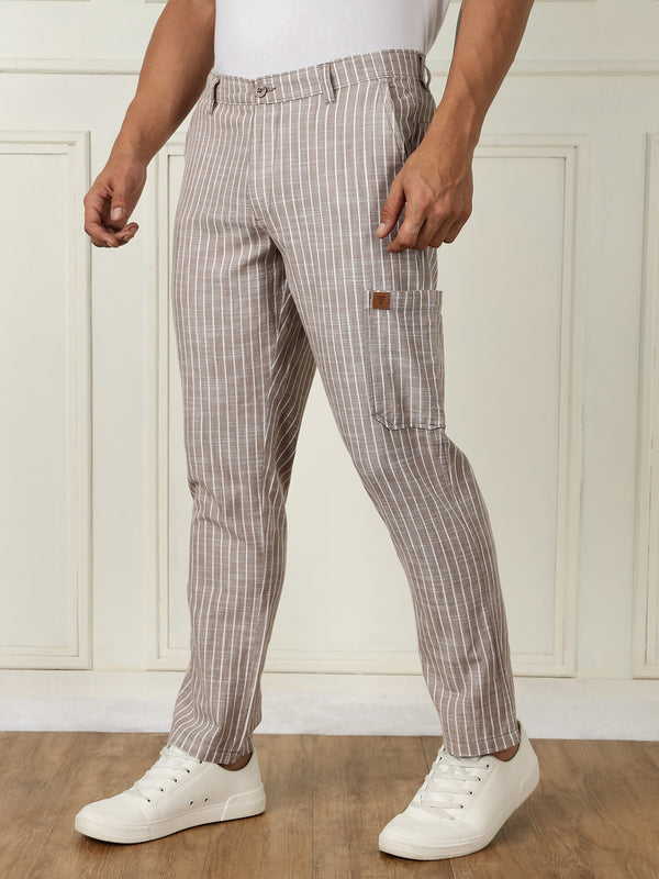 Thomas Scott Men Light Brown Mid-Rise Straight Fit Striped Linen Trouser