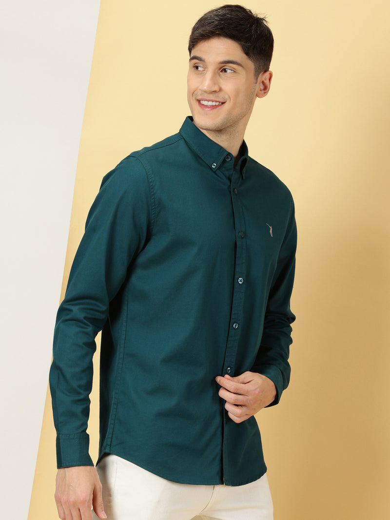 Thomas Scott Men Teal Slim Fit Long Sleeves Button Down Collar Twill Casual Shirt