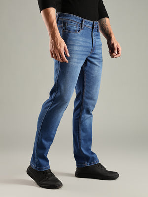 Indigo Mid-Rise Straight Fit Stretchable Jeans For Men