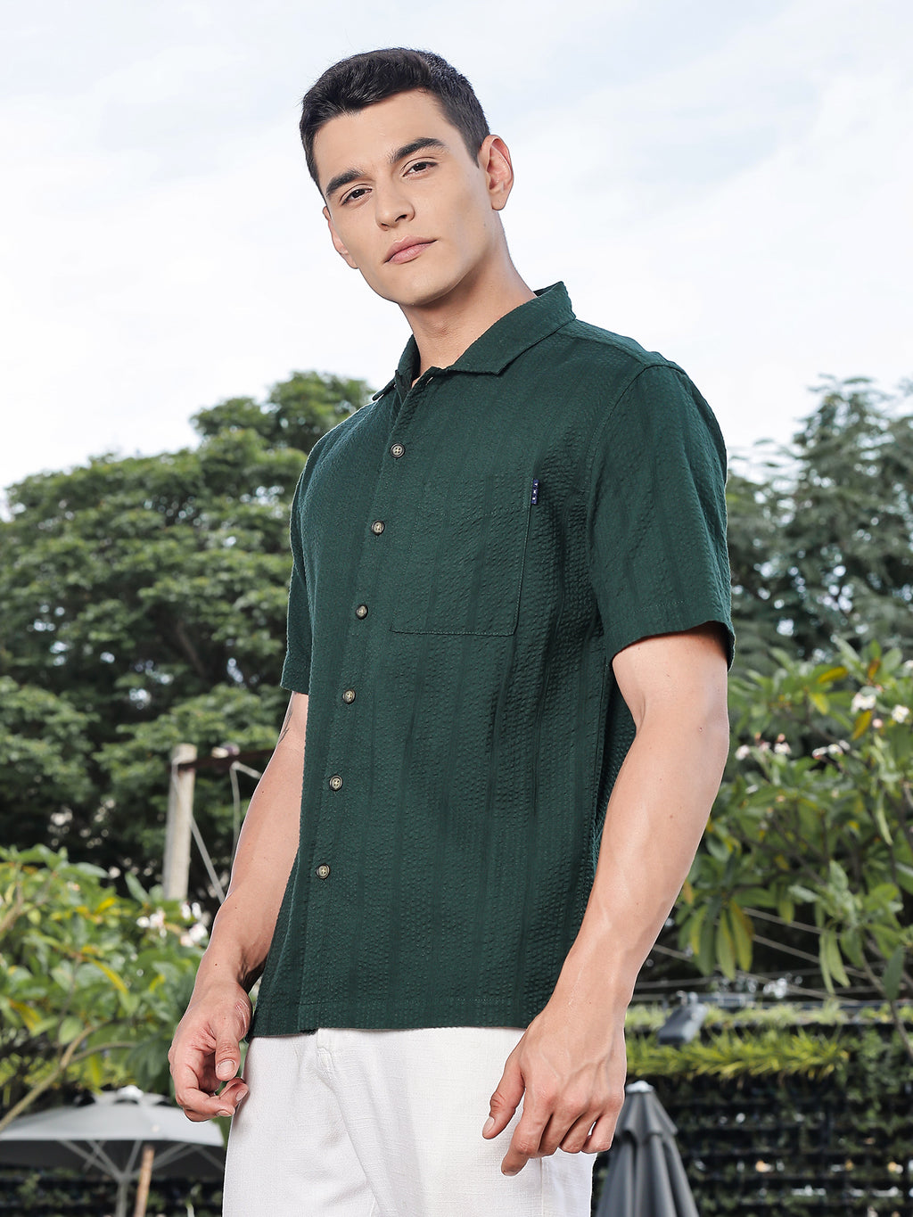 Thomas Scott Men Green Slim Fit Short Sleeves Self Design Seersucker Shirt