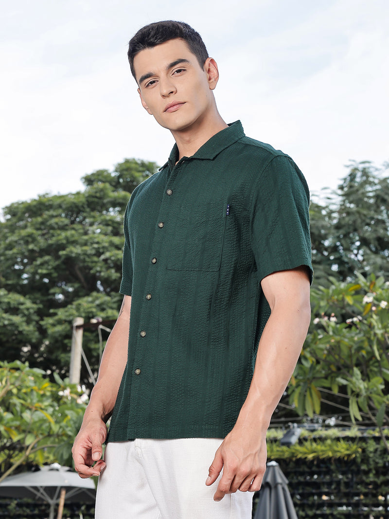 Thomas Scott Men Green Slim Fit Short Sleeves Self Design Seersucker Shirt