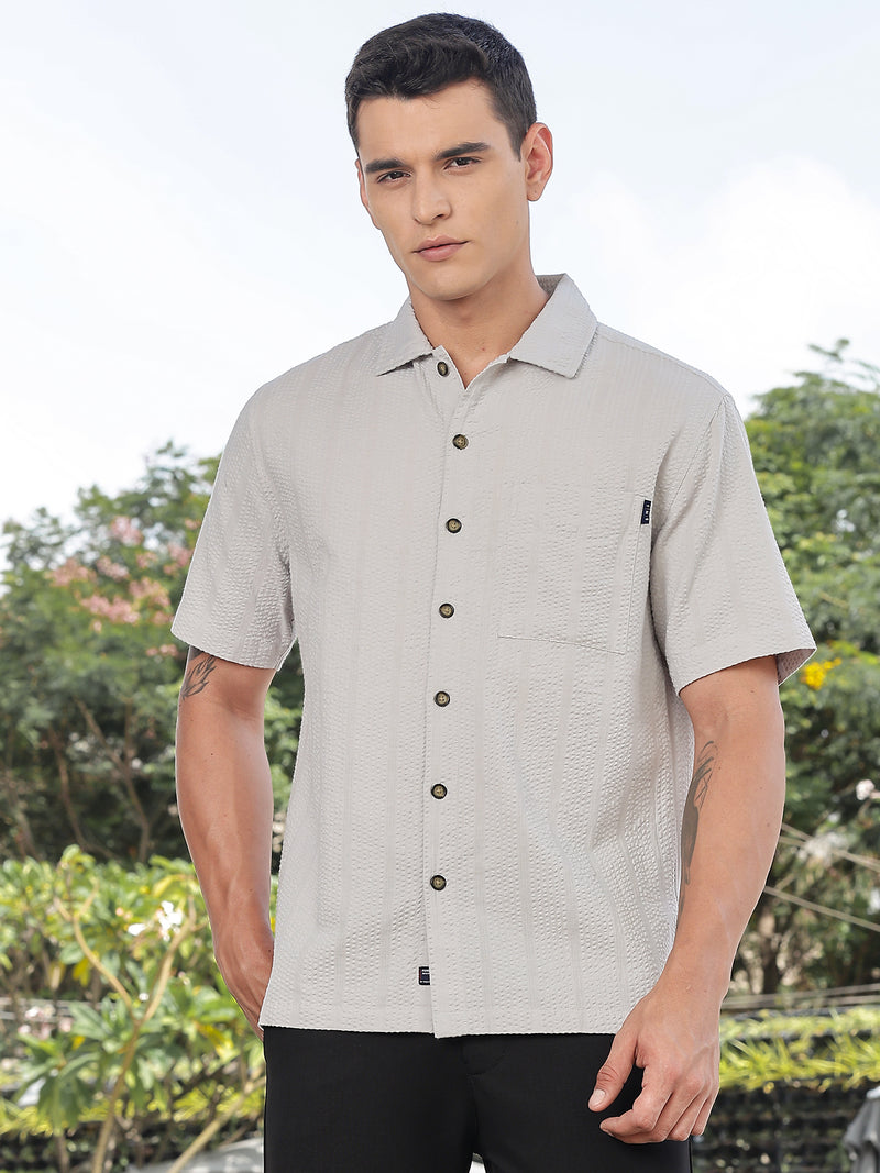 Thomas Scott Men Grey Slim Fit Short Sleeves Self Design Seersucker Shirt