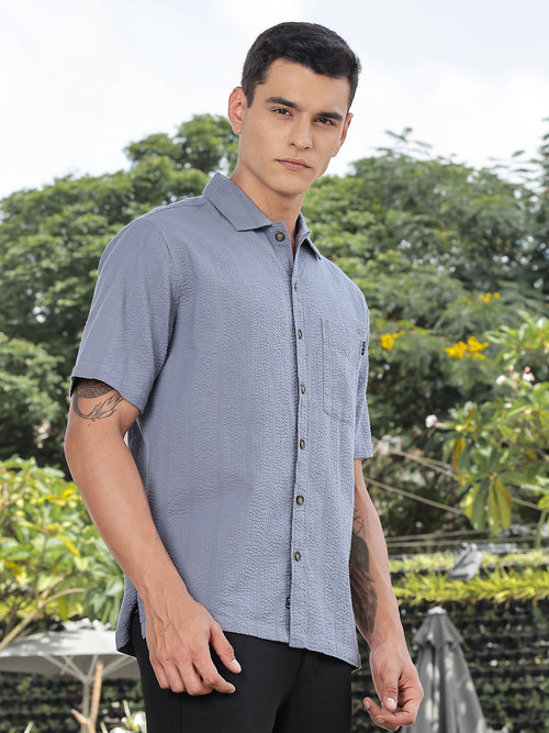 Thomas Scott Men Mid Blue Slim Fit Short Sleeves Self Design Seersucker Shirt