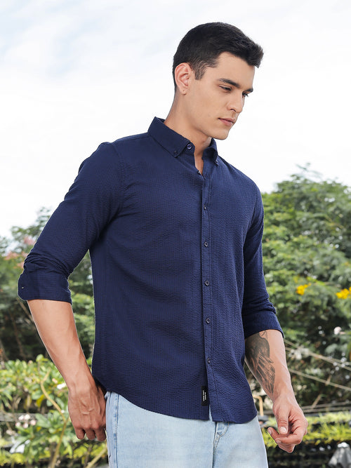 Thomas Scott Men Navy Slim Fit Long Sleeves Button-Down Collar Seersucker Shirt