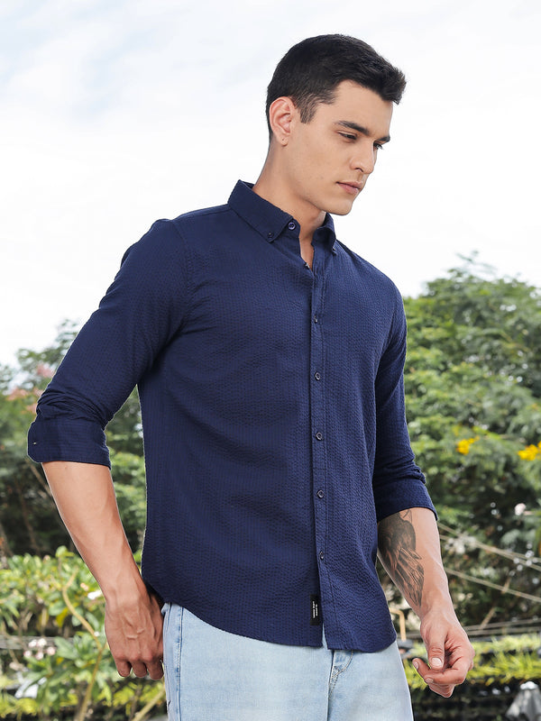 Thomas Scott Men Navy Slim Fit Long Sleeves Button-Down Collar Seersucker Shirt