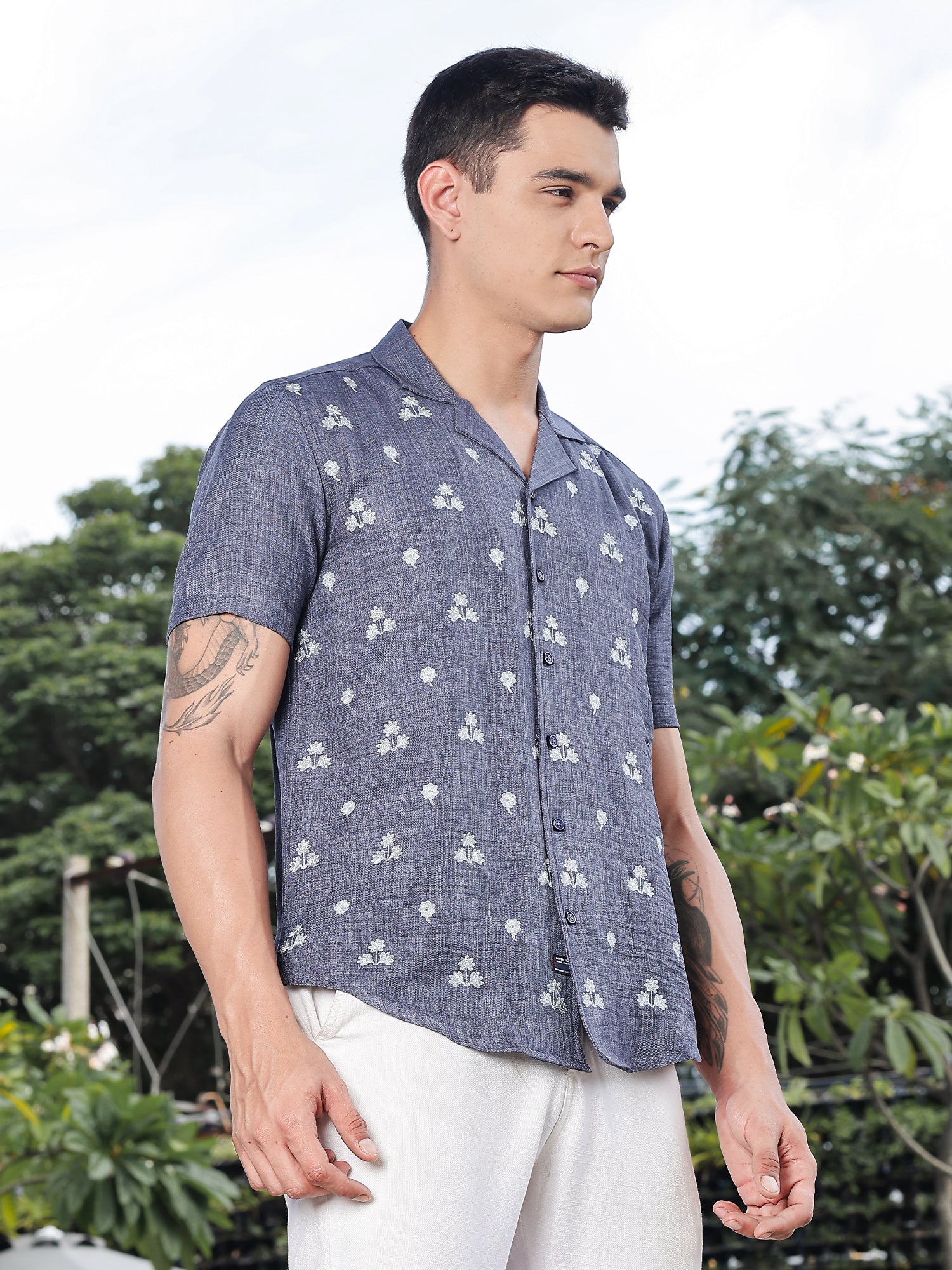 Thomas Scott Men Navy Regular Fit Short Sleeves Cuban Collar Embroidered Crop Shirt