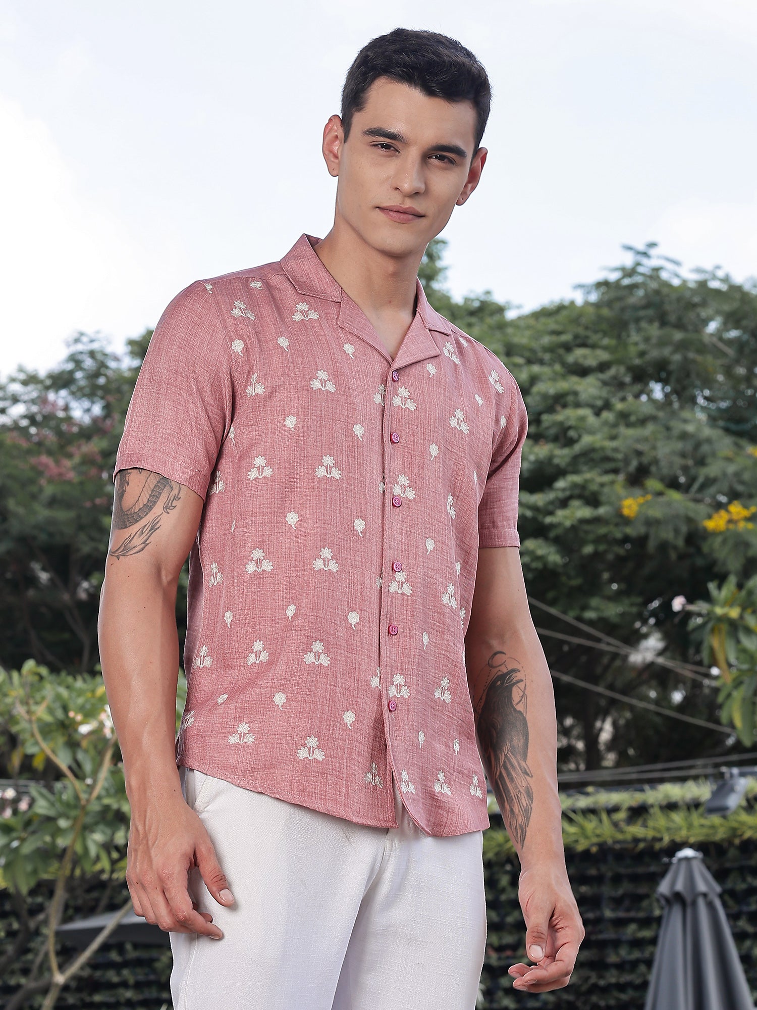 Thomas Scott Men Peach Regular Fit Short Sleeves Cuban Collar Embroidered Crop Shirt