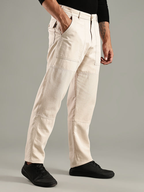 Thomas Scott Men Cream Mid-Rise Relaxed Fit Woven Trouser