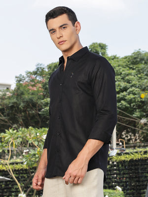 Thomas Scott Men Black Slim Fit Long Sleeves Spread Collar Linen Casual Shirt