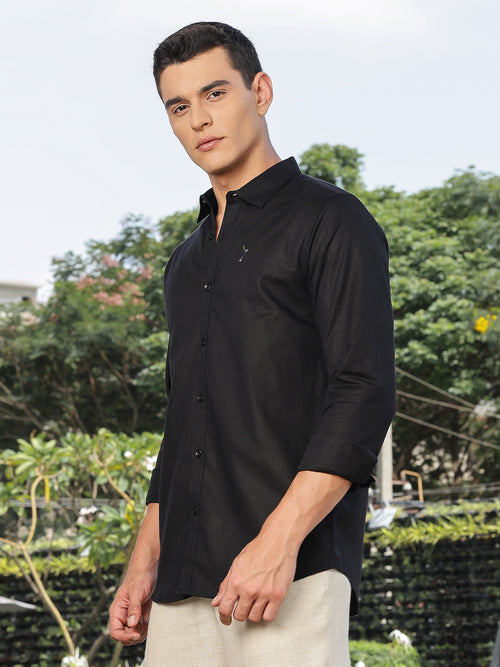 Thomas Scott Men Black Slim Fit Long Sleeves Spread Collar Linen Casual Shirt