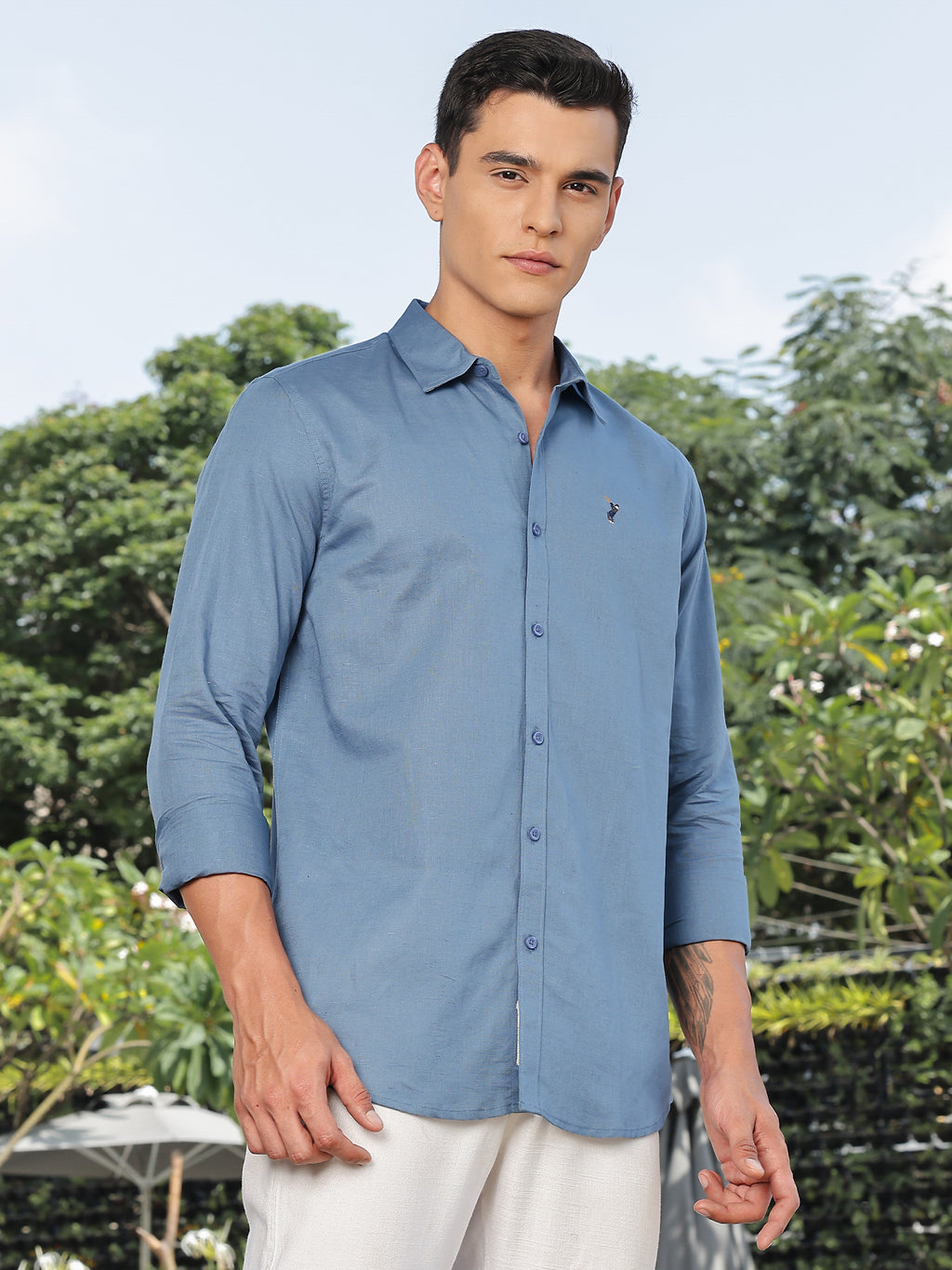 Thomas Scott Men Blue Slim Fit Long Sleeves Spread Collar Linen Casual Shirt