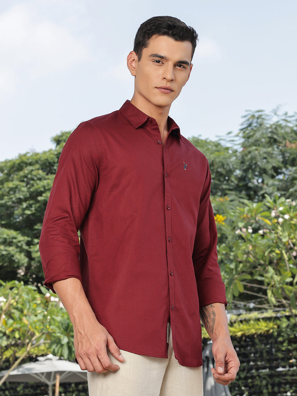 Thomas Scott Men Maroon Slim Fit Long Sleeves Spread Collar Linen Casual Shirt