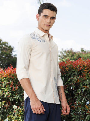 Thomas Scott Men Beige Regular Fit Long Sleeves Spread Collar Oxford Embroidered Shirt