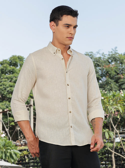 Thomas Scott Men Natural Slim Fit Long Sleeves Button-Down Collar Lyocel Linen Casual Shirt
