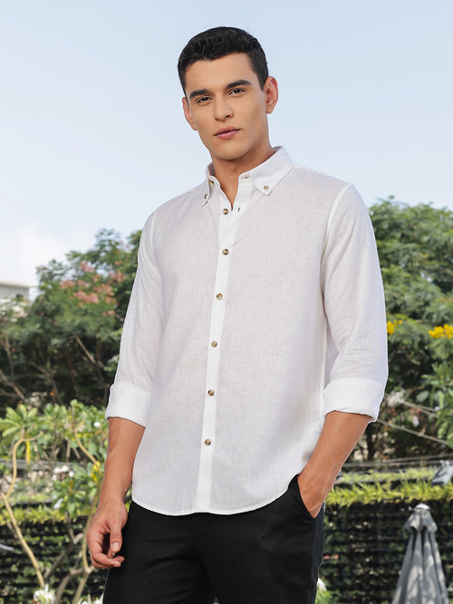 Thomas Scott Men White Slim Fit Long Sleeves Button-Down Collar Lyocel Linen Casual Shirt