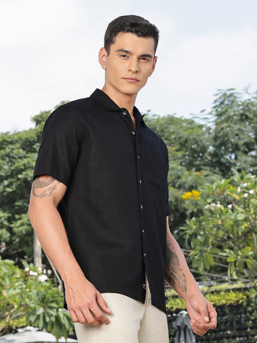 Thomas Scott Men Black Short Sleeves Oversized Cotton Linen Casual Shirt