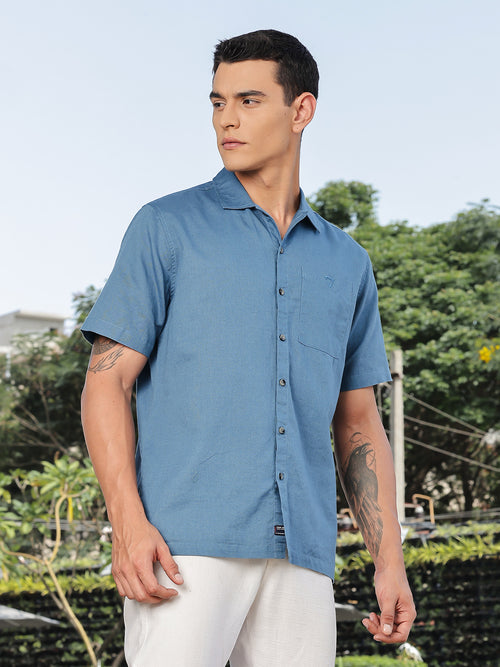 Thomas Scott Men Dark Blue Short Sleeves Oversized Cotton Linen Casual Shirt