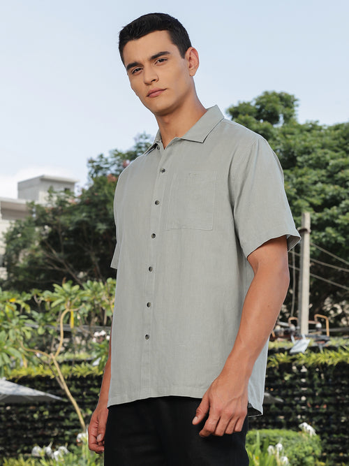 Thomas Scott Men Grey Short Sleeves Oversized Cotton Linen Casual Shirt