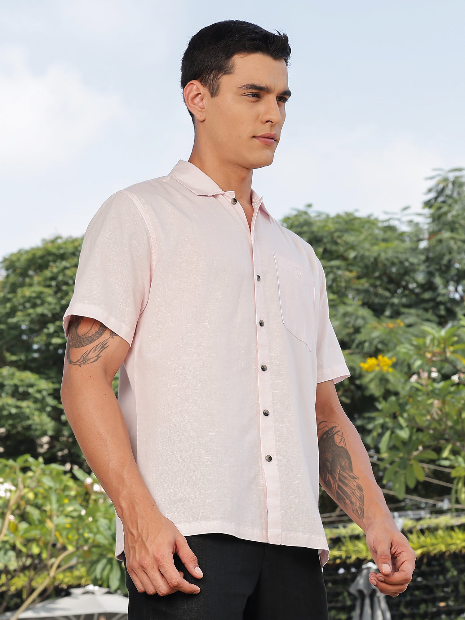 Thomas Scott Men Pink Short Sleeves Oversized Cotton Linen Casual Shirt