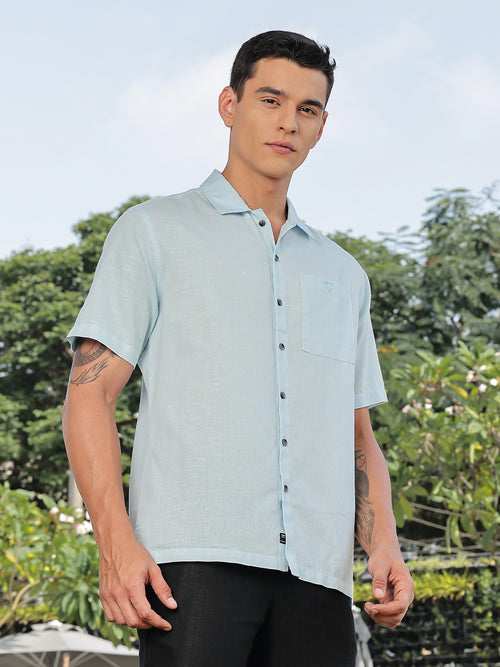 Thomas Scott Men Sky Blue Short Sleeves Oversized Cotton Linen Casual Shirt