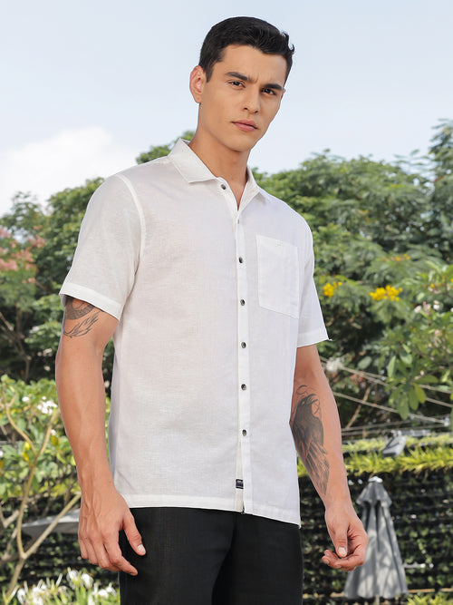 Thomas Scott Men White Short Sleeves Oversized Cotton Linen Casual Shirt