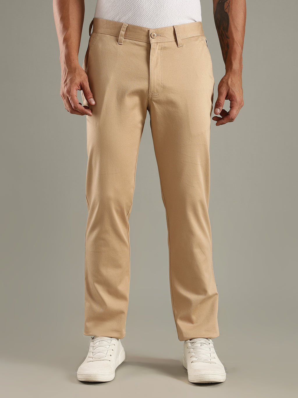 Thomas Scott Men Beige Straight Fit Mid-Rise Solid Chinos Trouser