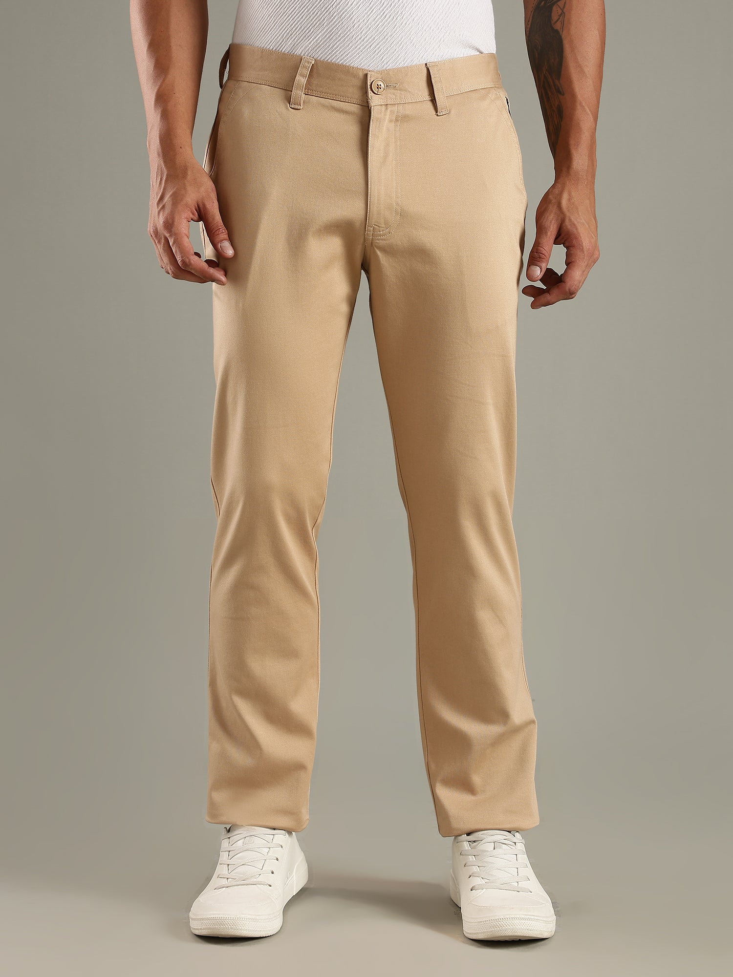 Thomas Scott Men Beige Straight Fit Mid-Rise Solid Chinos Trouser