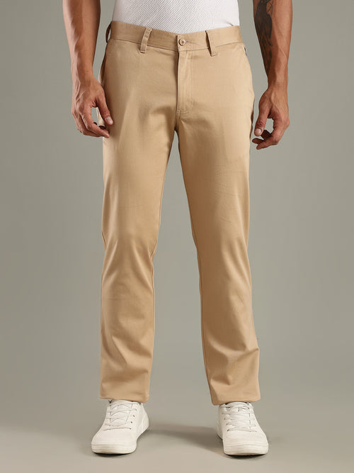 Thomas Scott Men Beige Straight Fit Mid-Rise Solid Chinos Trouser