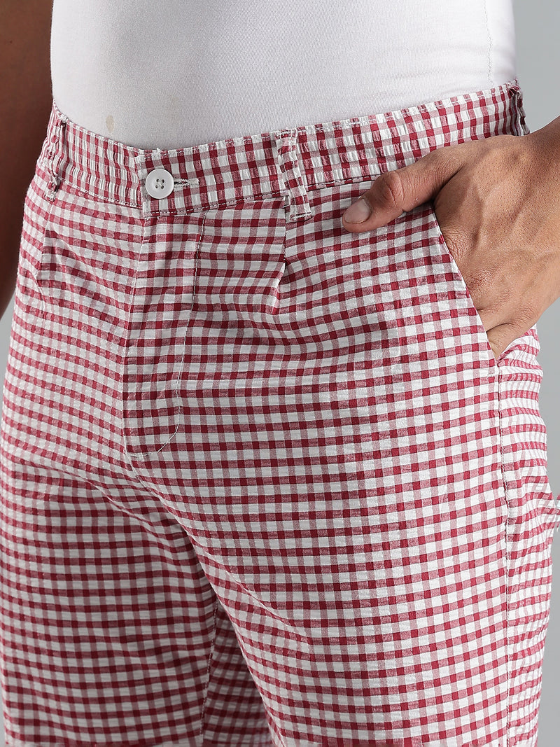 Thomas Scott Men Red Mid-Rise Regular Fit Gingham Checks Cotton Shorts