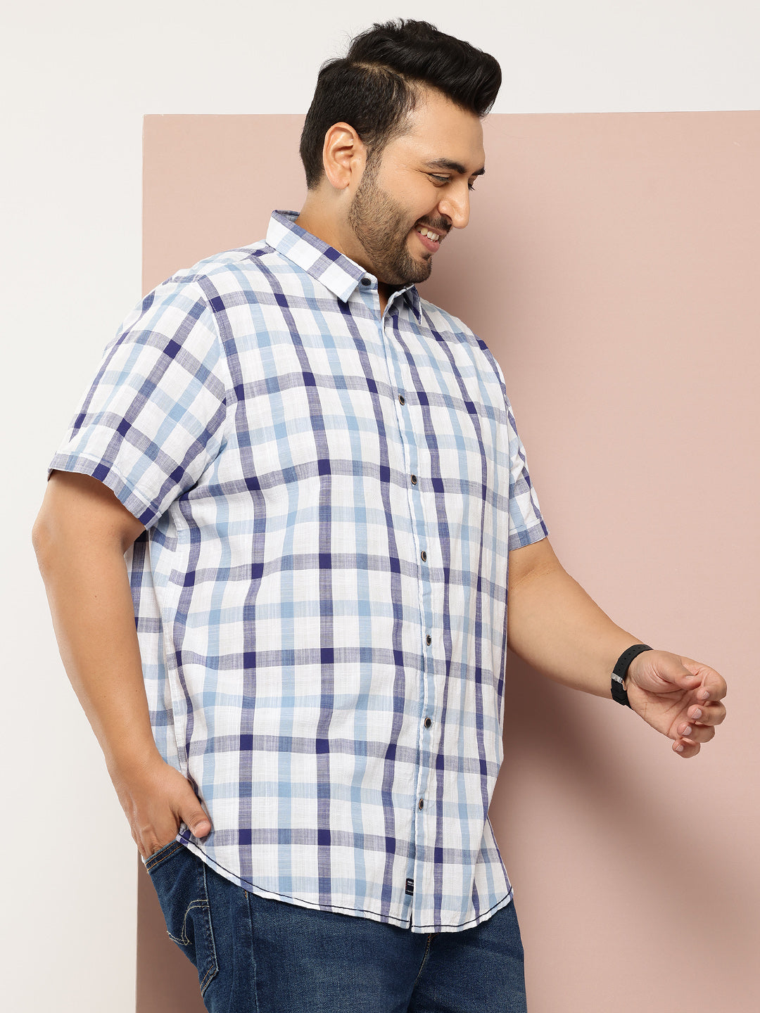 Thomas Scott Men Blue Plus Size Regular Fit Short Sleeves Spread Collar Tartan Checks Casual Shirt