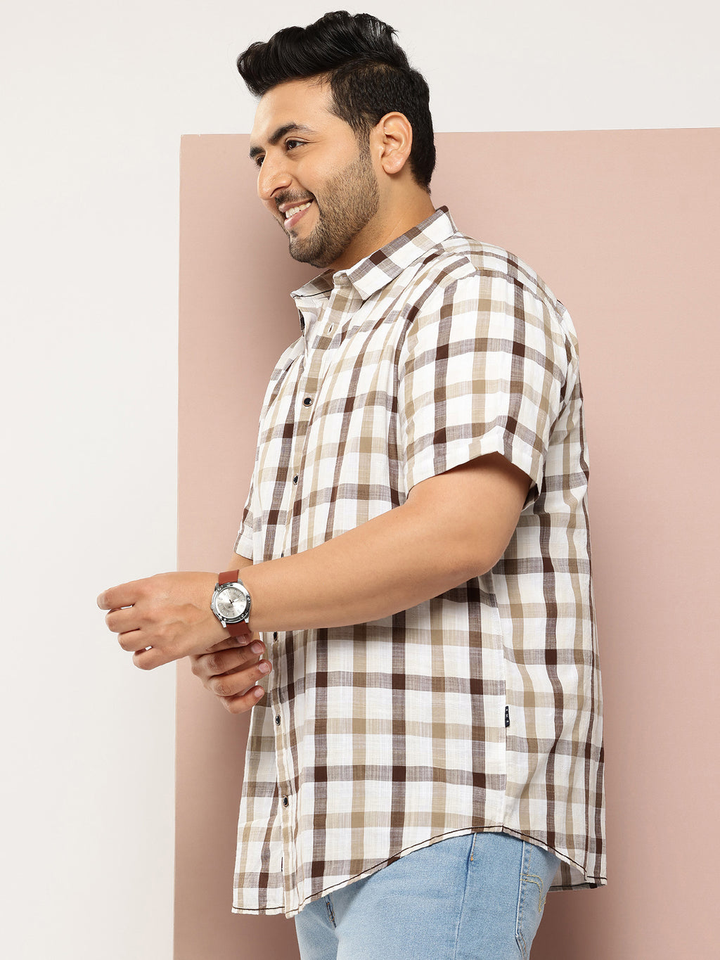 Thomas Scott Men Brown Plus Size Regular Fit Short Sleeves Spread Collar Tartan Checks Casual Shirt