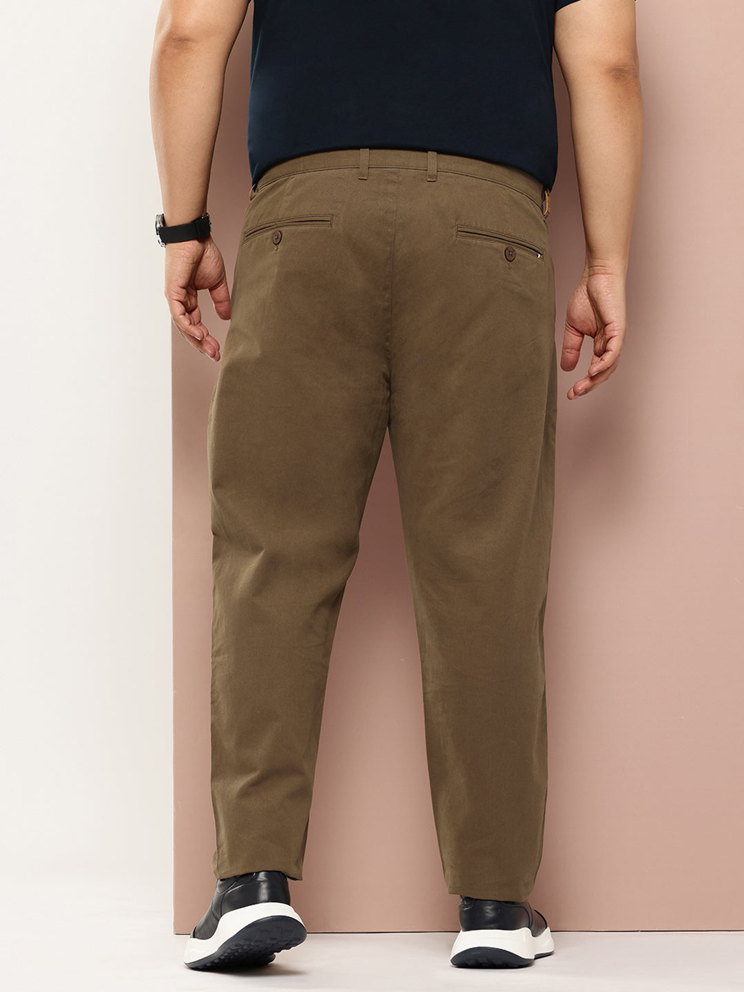 Thomas Scott Men Dark Khaki Plus Size Regular Fit Woven Chinos Trouser