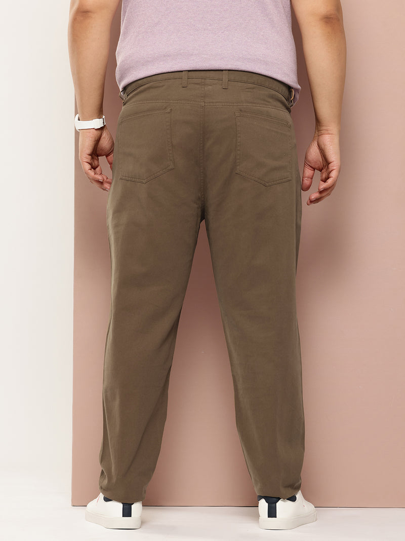 Thomas Scott Men Dark Khaki Plus Size Regular Fit Woven Chinos Trouser