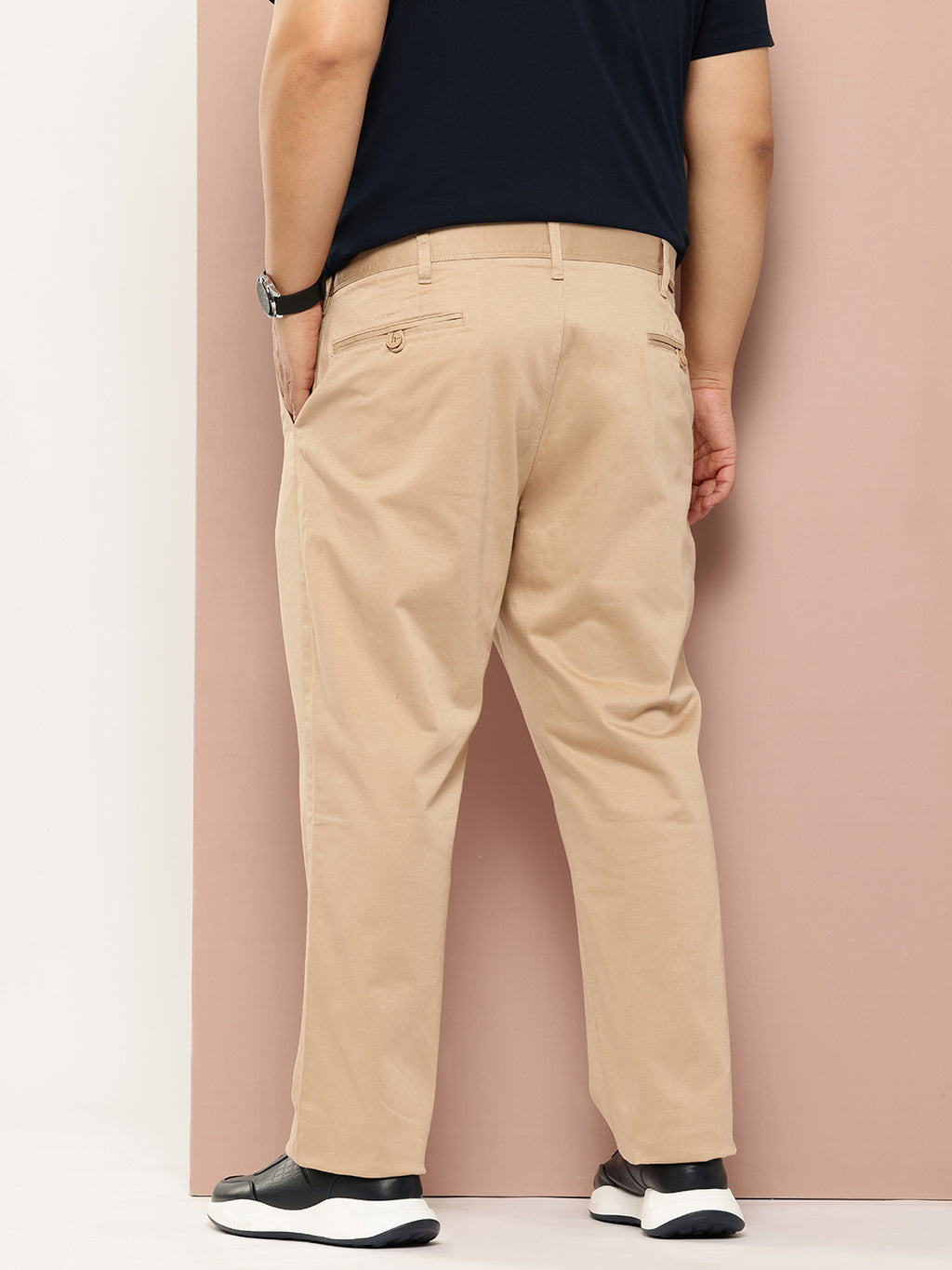 Thomas Scott Men Beige Plus Size Straight Fit Mid-Rise Solid Woven Chinos Trouser