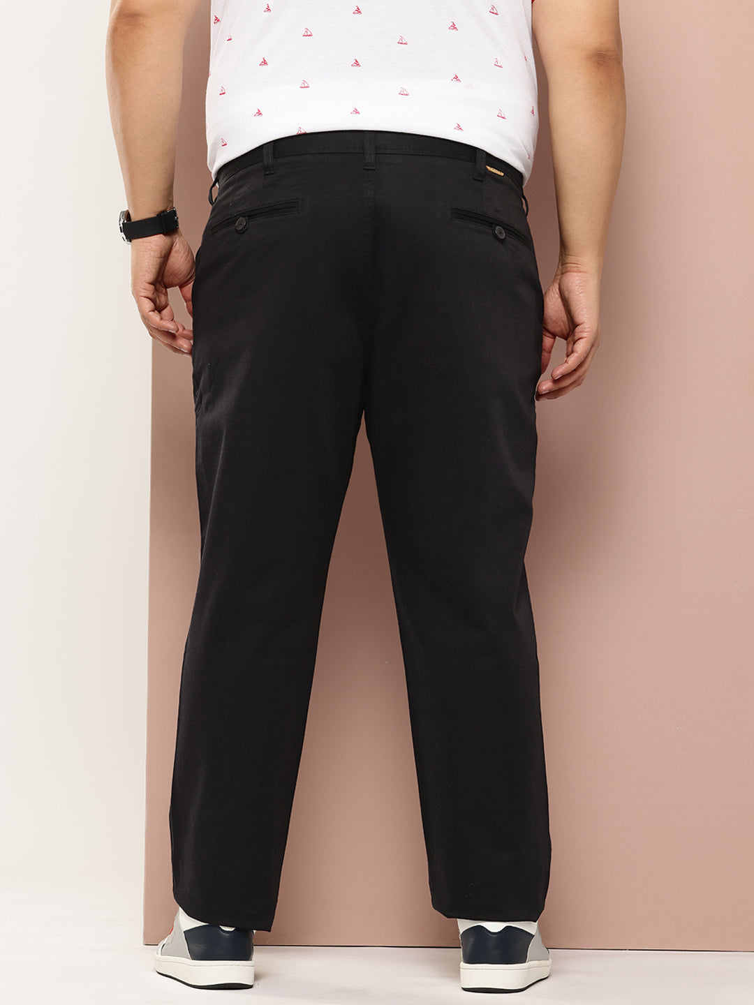 Thomas Scott Men Black Plus Size Straight Fit Mid-Rise Solid Woven Chinos Trouser
