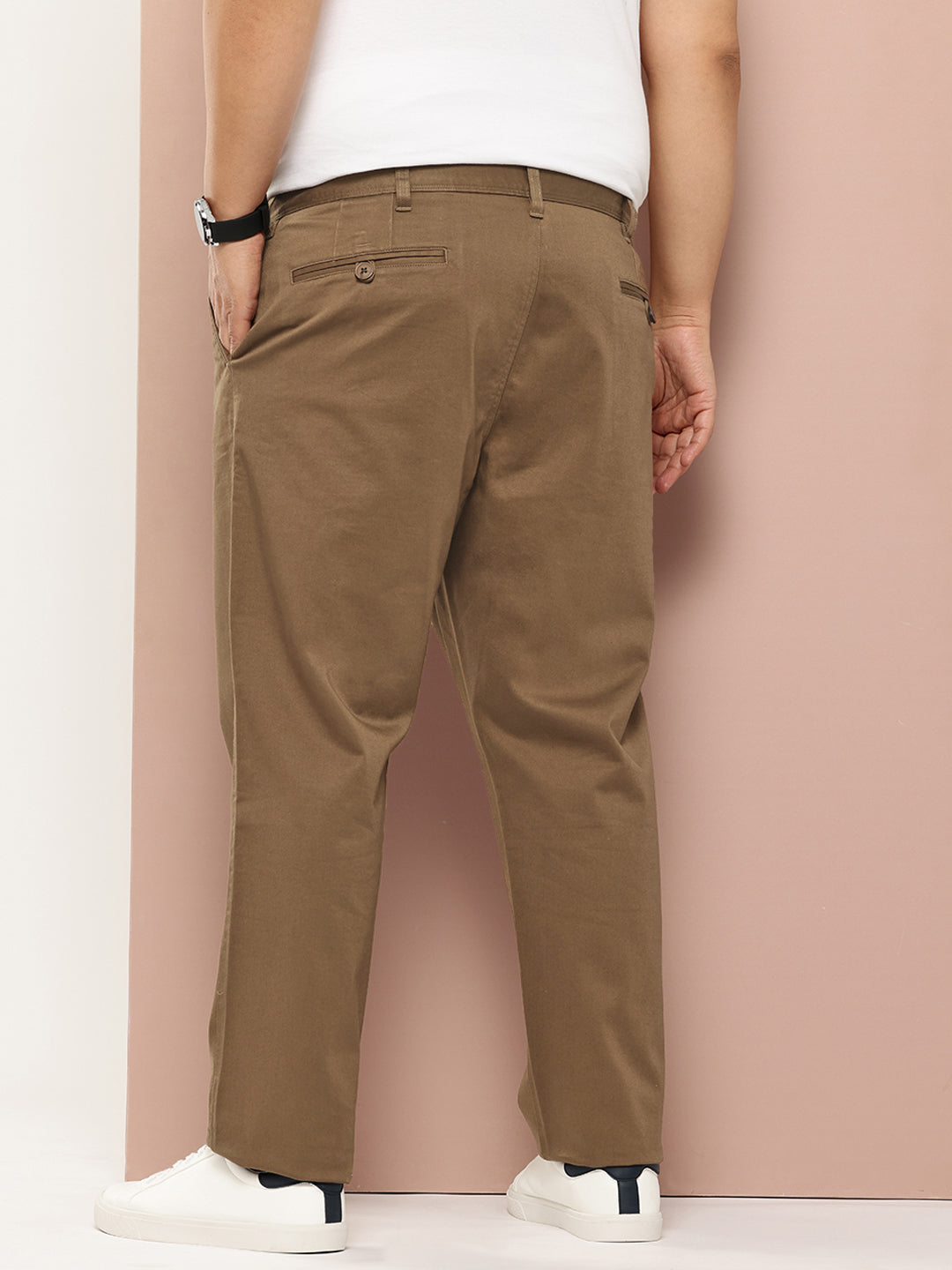 Thomas Scott Men Khaki Plus Size Straight Fit Mid-Rise Solid Woven Chinos Trouser