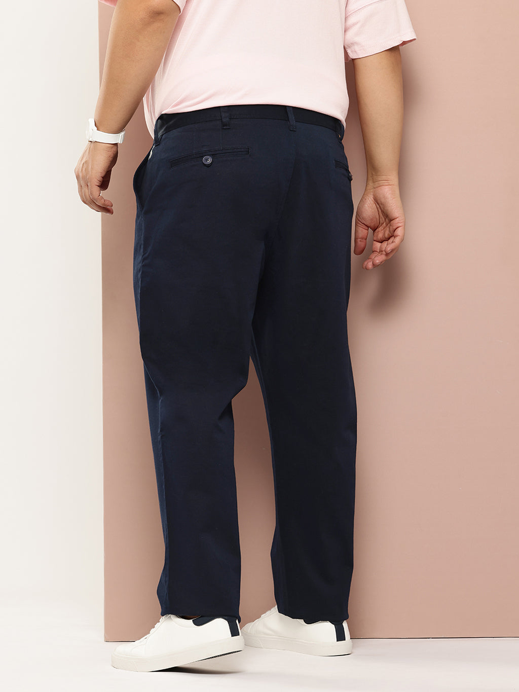 Thomas Scott Men Navy Plus Size Straight Fit Mid-Rise Solid Woven Chinos Trouser