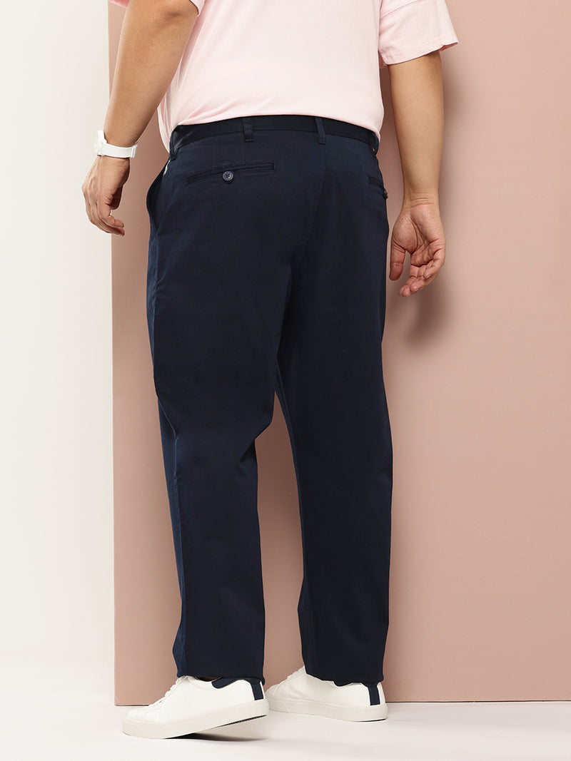 Thomas Scott Men Navy Plus Size Straight Fit Mid-Rise Solid Woven Chinos Trouser