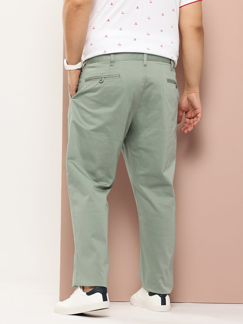 Thomas Scott Men Olive Plus Size Straight Fit Mid-Rise Solid Woven Chinos Trouser