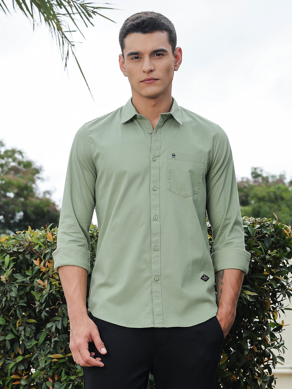 Thomas Scott Men Pista Slim Fit Long Sleeves Spread Collar Solid Cotton Casual Shirt