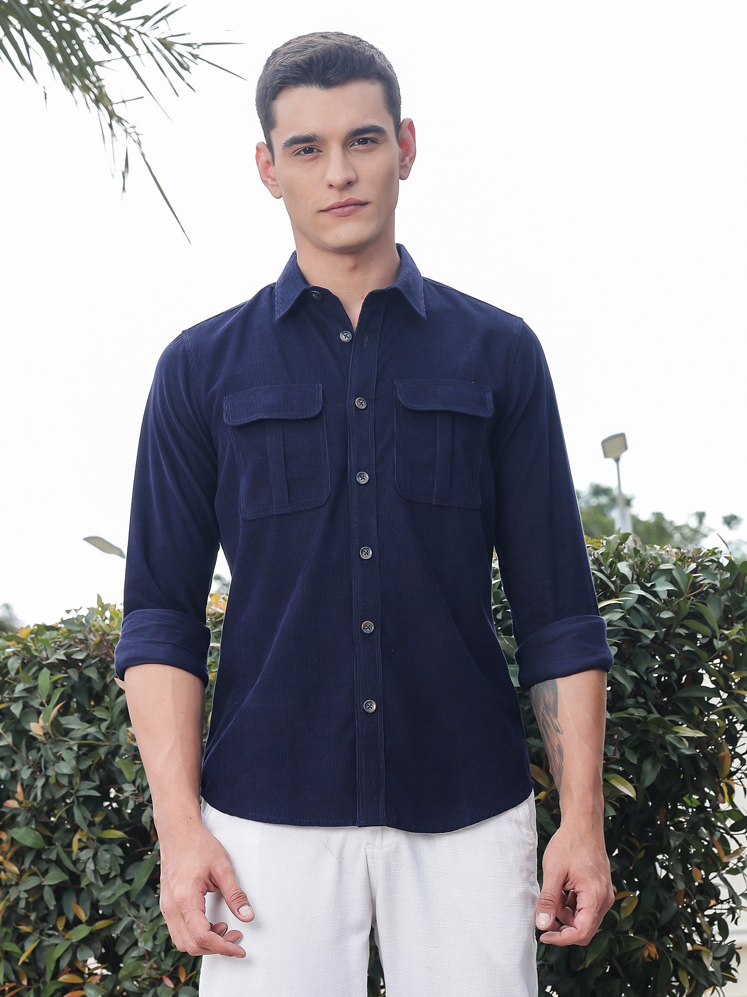 Thomas Scott Men Navy Slim Fit Long Sleeves Corduroy Casual Shirt